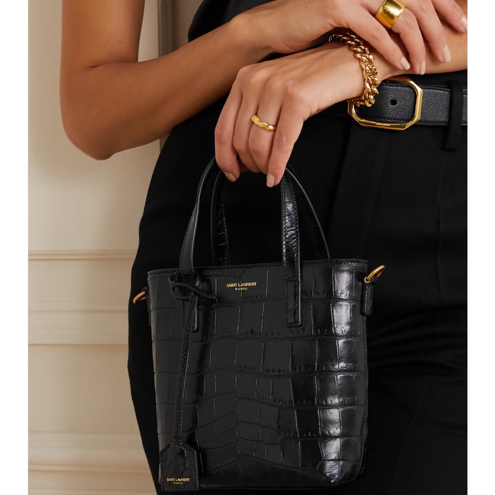 Saint Laurent Black Croc-Embossed Leather Tote